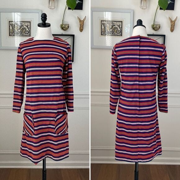 Vintage 60s Stripe A-Line Shift Dress Pockets S M - Picture 1 of 9